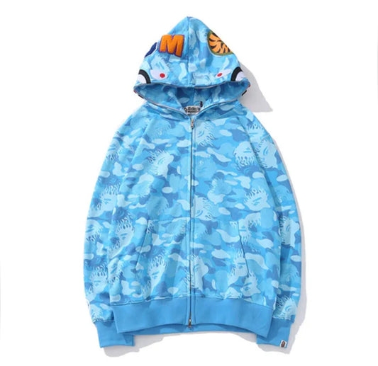 Bape Blue Flames Camo Shark Full Zip Hoodie