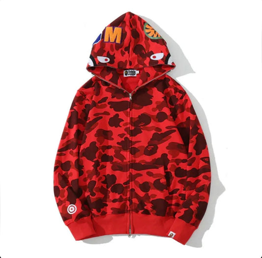 A Bathing Ape Camouflage Red Bape Shark Full Zip Hoodie